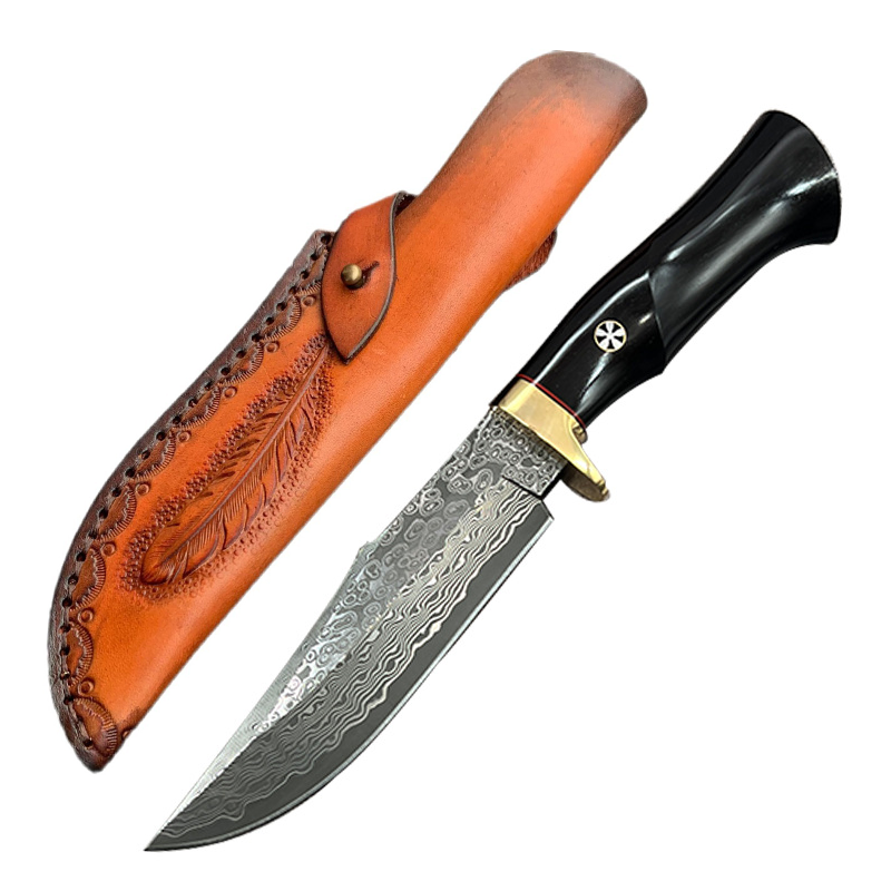 Hand Forged Knife SKD-11 Damascus Steel Purple Heartwood Leather Sheath Survival Camping
