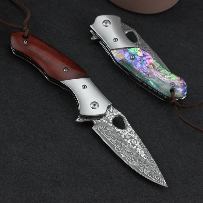 Shellshade Swoop Damascus Folding Knife - VG10 Steel with Abalone Shell Handle