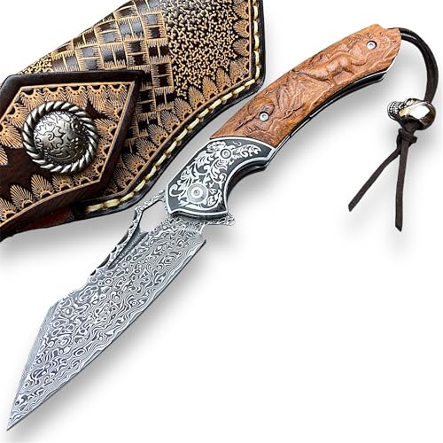 Damascus Folding Knife VG10 Steel Ironwood Handle Wave Pattern EDC Collector Knife