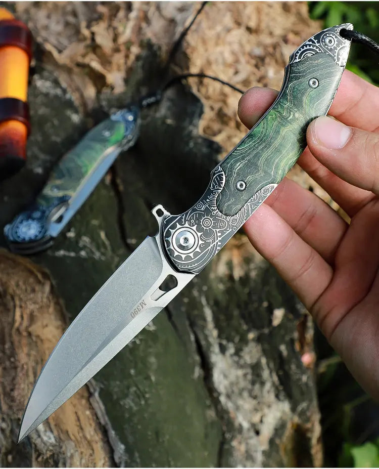 Folding Knife M390 Steel Steampunk Pocket Knife Green Resin Handle EDC Collector Knife