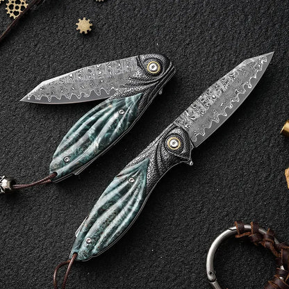 Peacock Forge VG10 Damascus Pocket Knife - Hand-Carved Handle EDC