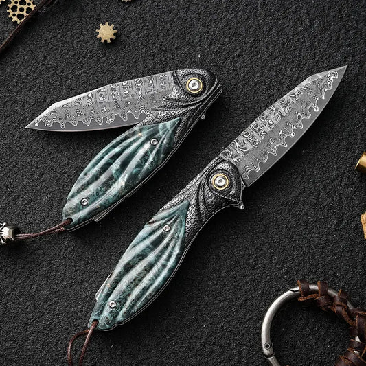 Peacock Forge VG10 Damascus Pocket Knife - Hand-Carved Handle EDC