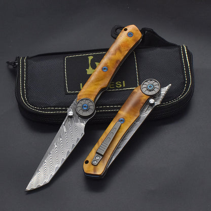 SolarFlame Damascus EDC Folding Knife - VG10 Steel with Golden Phoebe Handle
