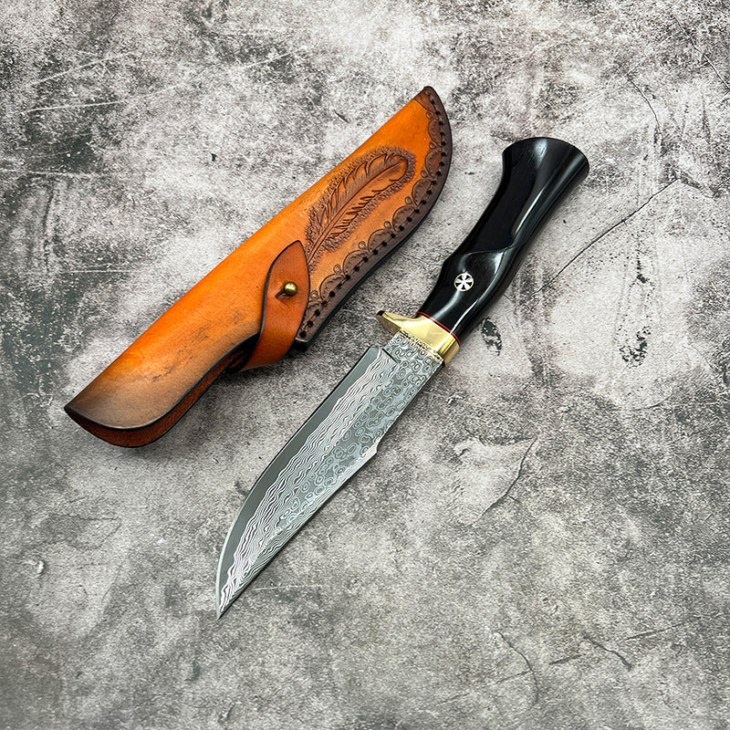Hand Forged Knife SKD-11 Damascus Steel Purple Heartwood Leather Sheath Survival Camping