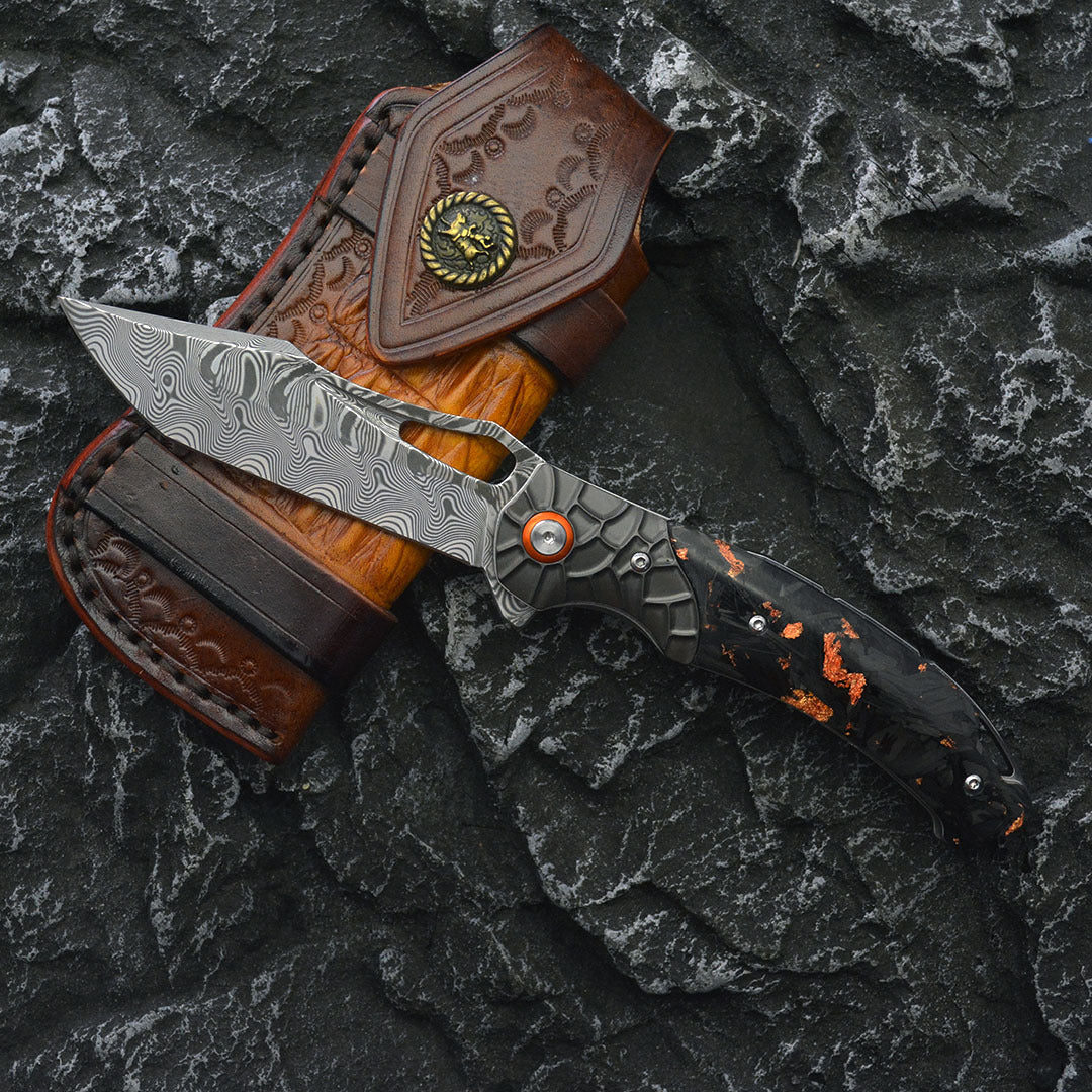 Nightflare VG10 Damascus EDC Folding Knife - Titanium Carbon Fiber Handle with Engraving