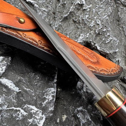 Hand Forged Knife SKD-11 Damascus Steel Purple Heartwood Leather Sheath Survival Camping