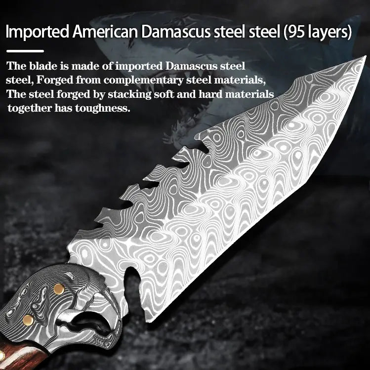 Ironwood Fang Damascus Fishbone Fixed Blade Knife - 95-Layer Hand-Forged with Ironwood Handle