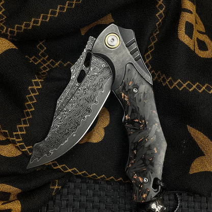 Damascus Folding Knife VG10 Carbon Fiber Handle Copper Flake Hand Finished EDC Collector