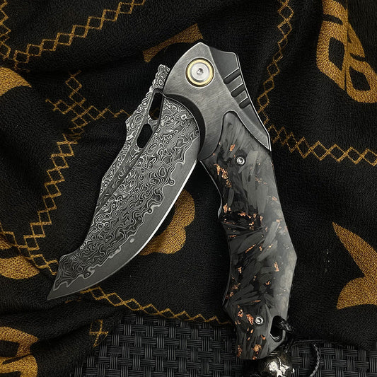 Damascus Folding Knife VG10 Carbon Fiber Handle Copper Flake Hand Finished EDC Collector