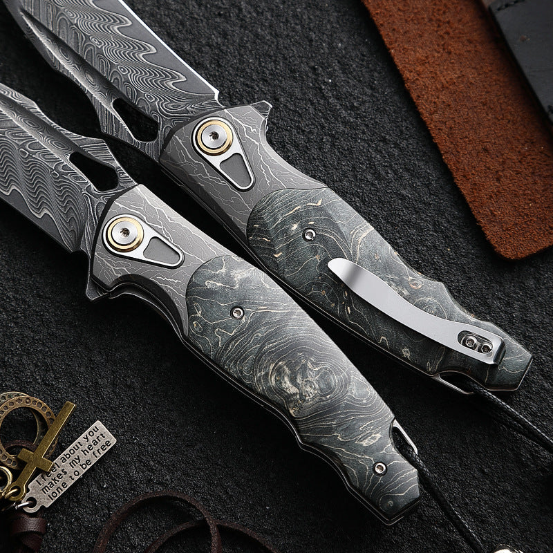 Obsidian Edge Damascus Steel Folding Knife - VG10 & Stabilized Wood