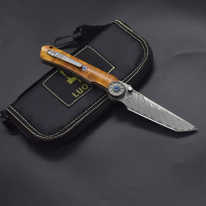 SolarFlame Damascus EDC Folding Knife - VG10 Steel with Golden Phoebe Handle