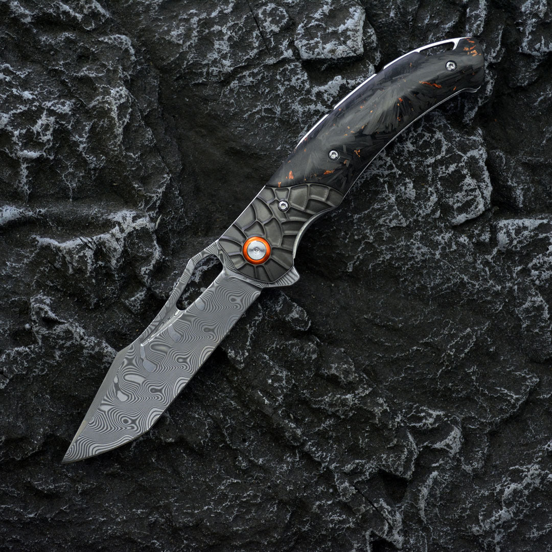 Nightflare VG10 Damascus EDC Folding Knife - Titanium Carbon Fiber Handle with Engraving