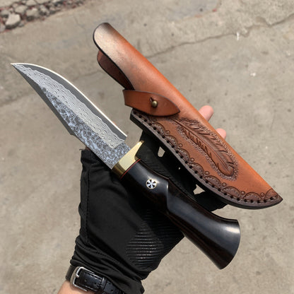 Hand Forged Knife SKD-11 Damascus Steel Purple Heartwood Leather Sheath Survival Camping