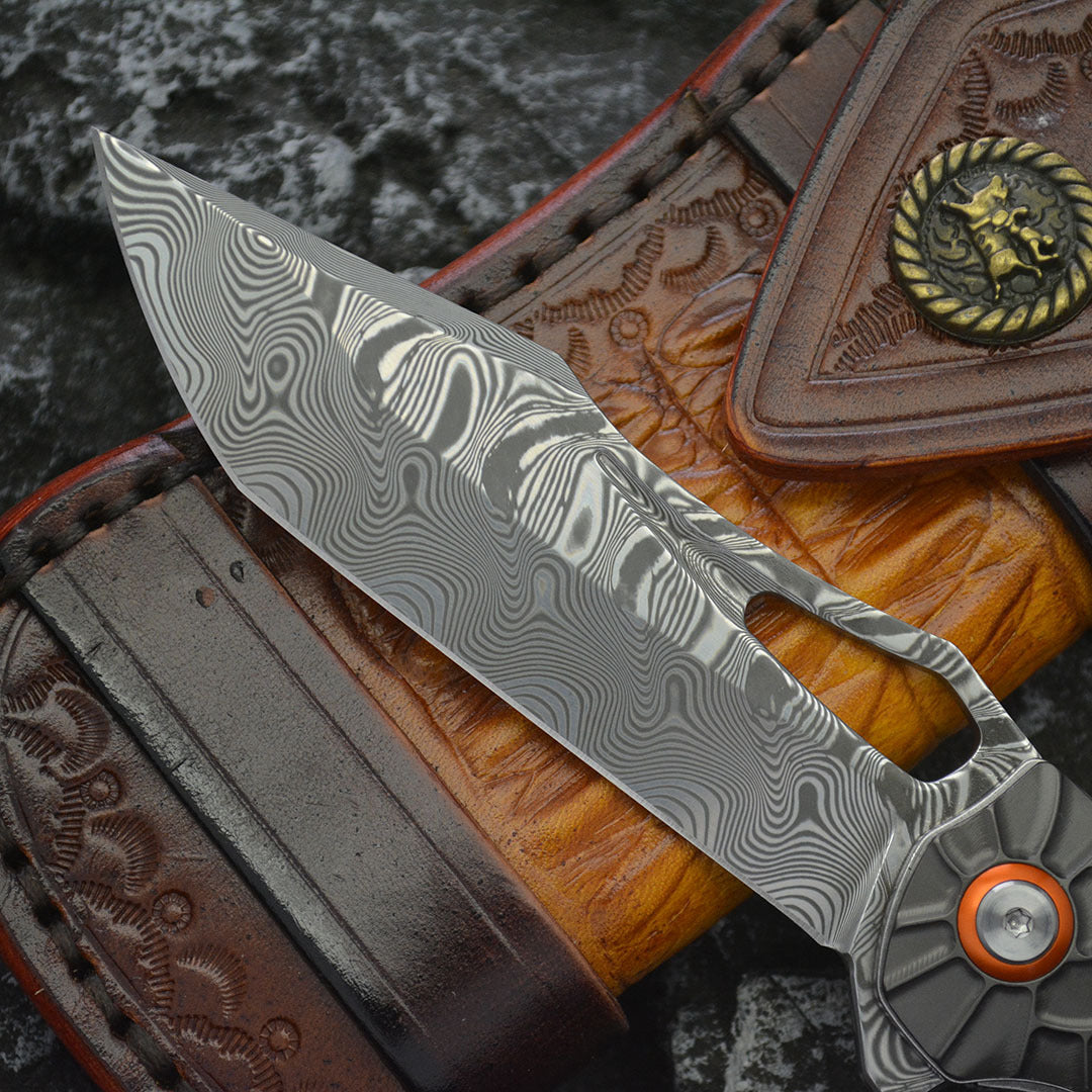 Nightflare VG10 Damascus EDC Folding Knife - Titanium Carbon Fiber Handle with Engraving