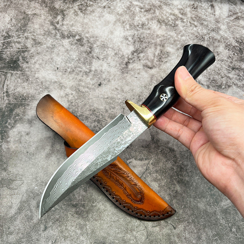 Hand Forged Knife SKD-11 Damascus Steel Purple Heartwood Leather Sheath Survival Camping