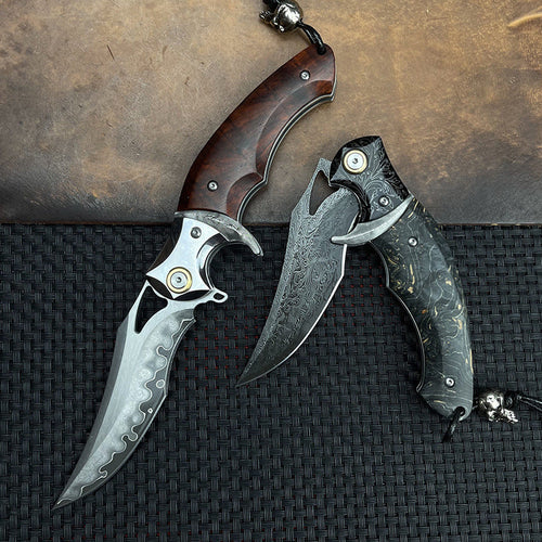 Shadowfang VG10 Damascus Steel Folding Knife - Hardwood Handle EDC