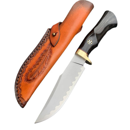 Hand Forged Knife SKD-11 Damascus Steel Purple Heartwood Leather Sheath Survival Camping
