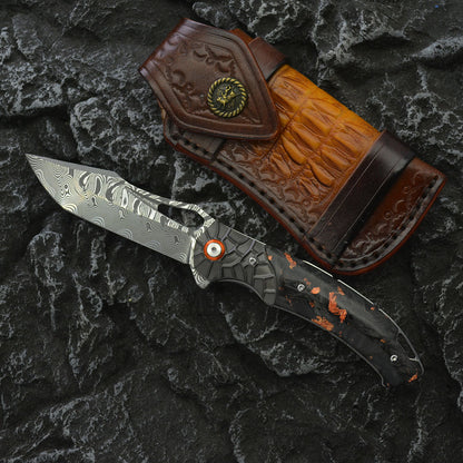 Nightflare VG10 Damascus EDC Folding Knife - Titanium Carbon Fiber Handle with Engraving