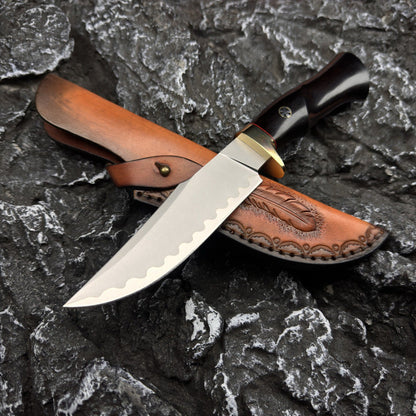 Hand Forged Knife SKD-11 Damascus Steel Purple Heartwood Leather Sheath Survival Camping