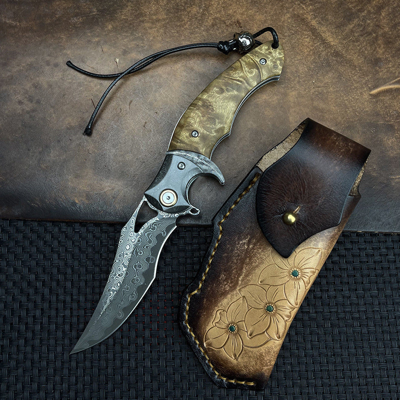 Shadowfang VG10 Damascus Steel Folding Knife - Hardwood Handle EDC