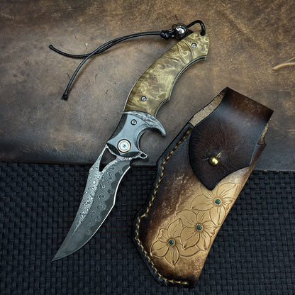 Shadowfang VG10 Damascus Steel Folding Knife - Hardwood Handle EDC
