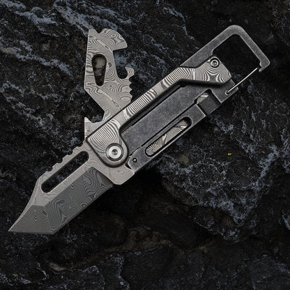 Dual-Action Blade Damascus Folding Knife - 9-in-1 EDC Keychain Tool