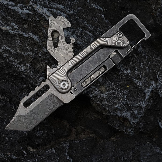 Dual-Action Blade Damascus Folding Knife - 9-in-1 EDC Keychain Tool