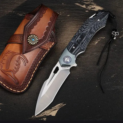 SkullForge D2 Tactical Folding Knife - G10 Grip, Skull Clip & Leather Sheath