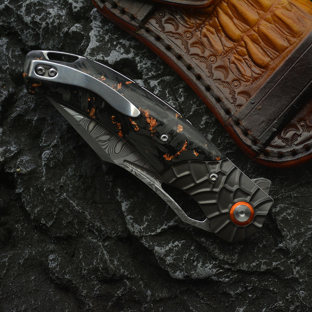 Nightflare VG10 Damascus EDC Folding Knife - Titanium Carbon Fiber Handle with Engraving