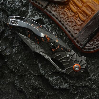 Nightflare VG10 Damascus EDC Folding Knife - Titanium Carbon Fiber Handle with Engraving