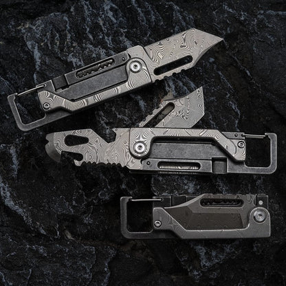Dual-Action Blade Damascus Folding Knife - 9-in-1 EDC Keychain Tool