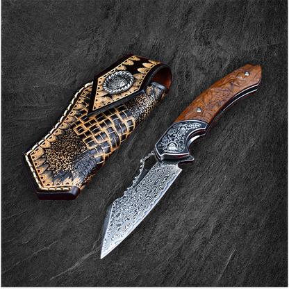 Damascus Folding Knife VG10 Steel Ironwood Handle Wave Pattern EDC Collector Knife