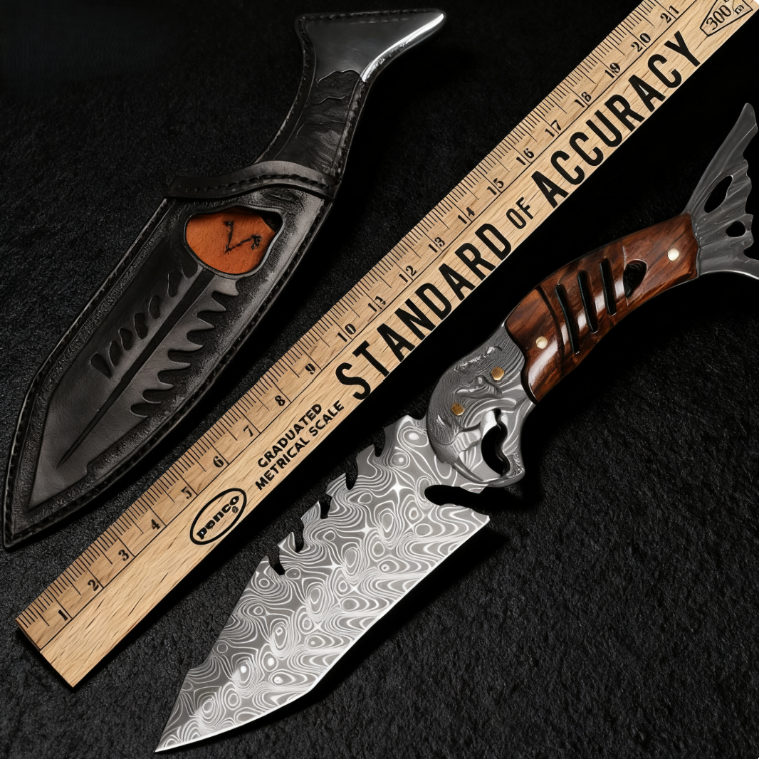 Ironwood Fang Damascus Fishbone Fixed Blade Knife - 95-Layer Hand-Forged with Ironwood Handle