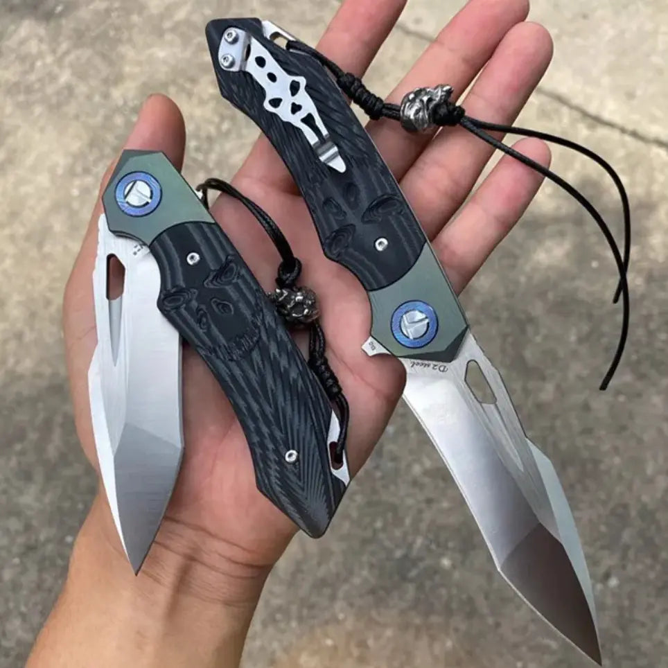 SkullForge D2 Tactical Folding Knife - G10 Grip, Skull Clip & Leather Sheath