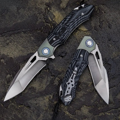 SkullForge D2 Tactical Folding Knife - G10 Grip, Skull Clip & Leather Sheath