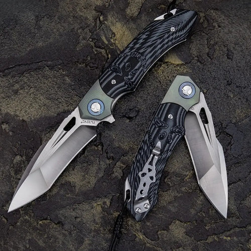 SkullForge D2 Tactical Folding Knife - G10 Grip, Skull Clip & Leather Sheath