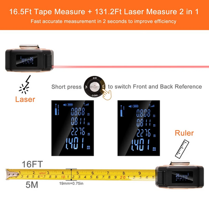 Laser Tape Measure 2-in-1 135ft USB Rechargeable Digital Construction DIY Professional