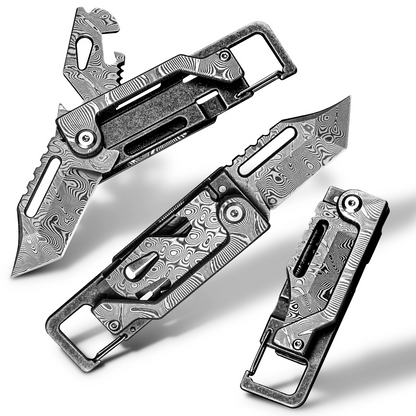 Dual-Action Blade Damascus Folding Knife - 9-in-1 EDC Keychain Tool