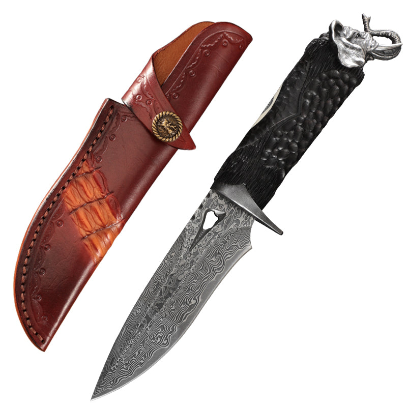 Damascus Knife Hand Forged 103 Layer VG10 Ebony Handle Elephant Head Leather Sheath Collector