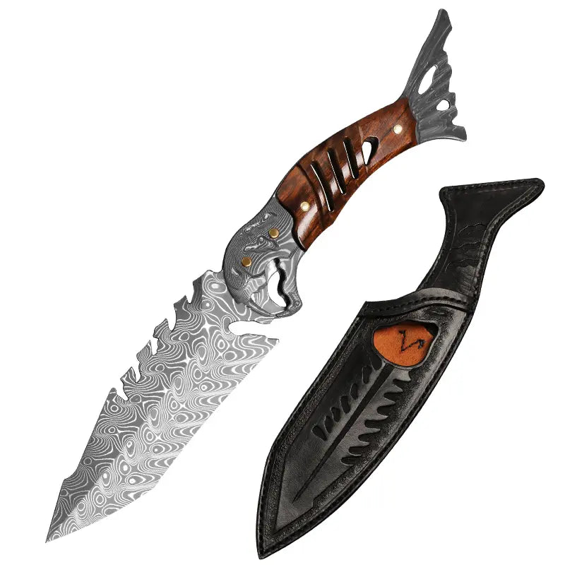 Ironwood Fang Damascus Fishbone Fixed Blade Knife - 95-Layer Hand-Forged with Ironwood Handle