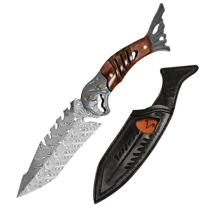 Ironwood Fang Damascus Fishbone Fixed Blade Knife - 95-Layer Hand-Forged with Ironwood Handle
