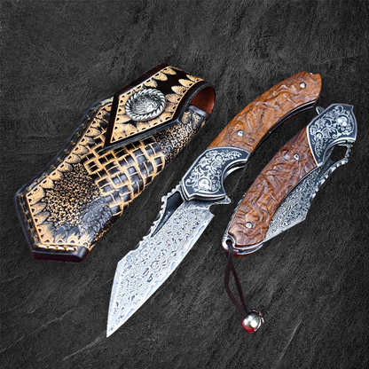 Damascus Folding Knife VG10 Steel Ironwood Handle Wave Pattern EDC Collector Knife
