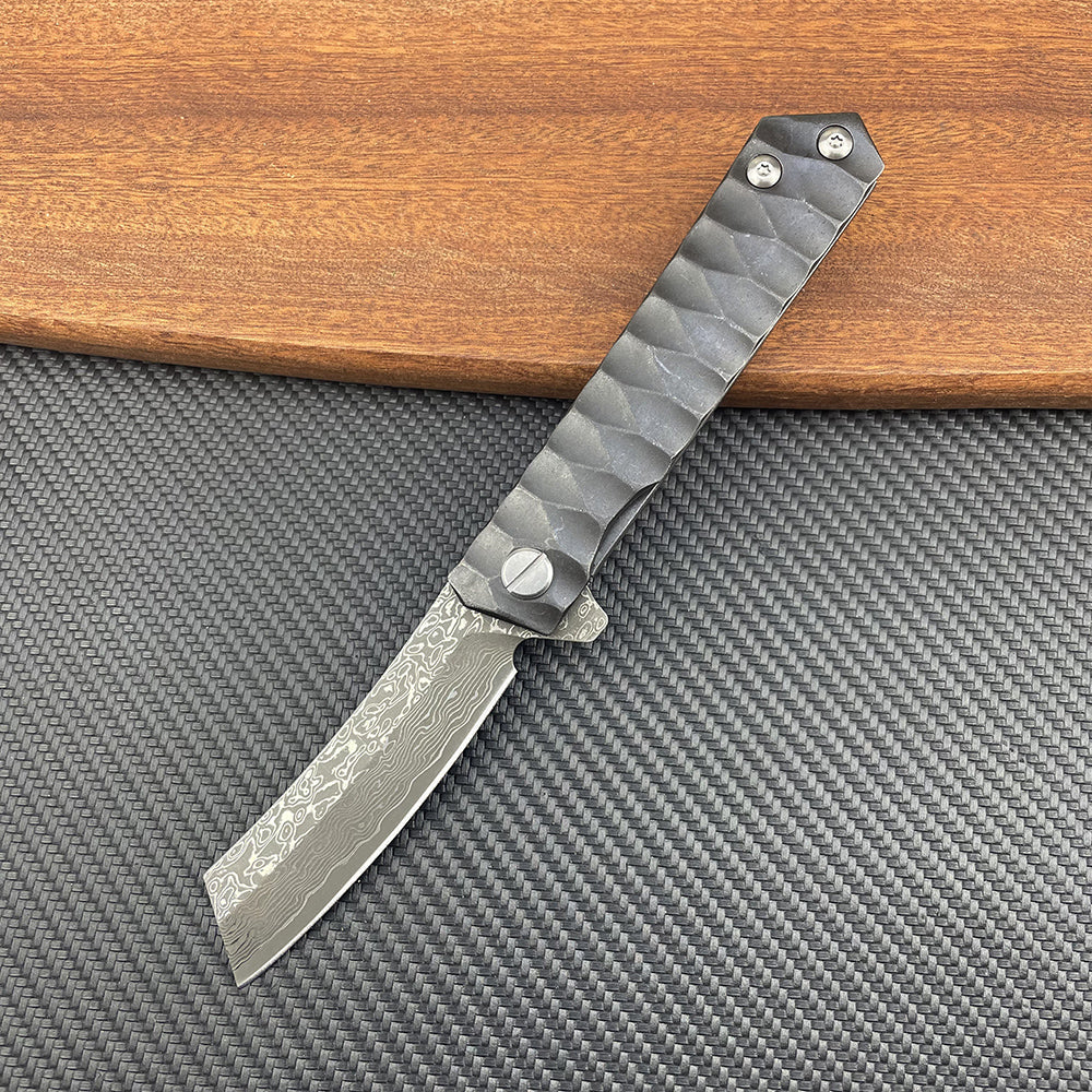 Damascus Folding Knife D2 Steel Tanto Blade Bearing System Pocket Clip EDC Camping