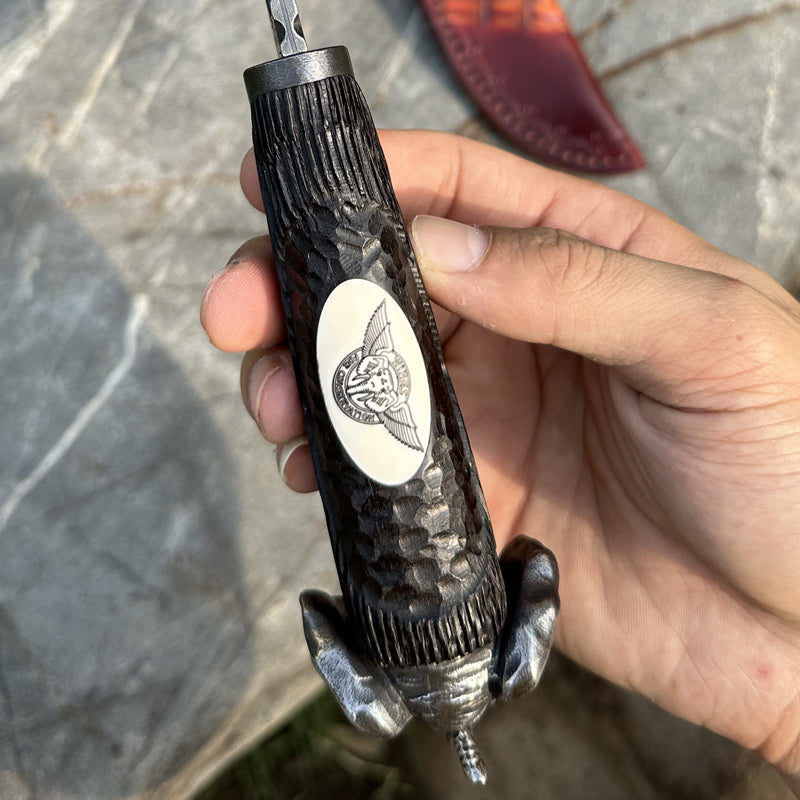 Damascus Knife Hand Forged 103 Layer VG10 Ebony Handle Elephant Head Leather Sheath Collector