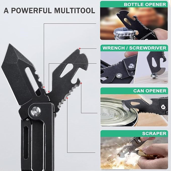 Dual-Action Blade Damascus Folding Knife - 9-in-1 EDC Keychain Tool
