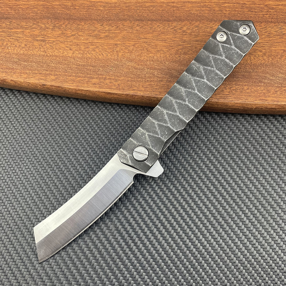 Damascus Folding Knife D2 Steel Tanto Blade Bearing System Pocket Clip EDC Camping