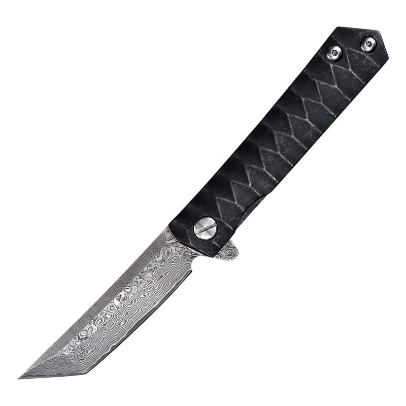 Damascus Folding Knife D2 Steel Tanto Blade Bearing System Pocket Clip EDC Camping