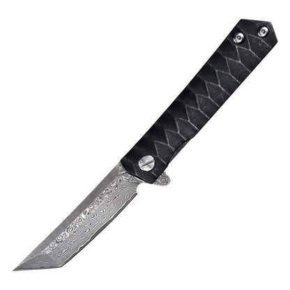 Damascus Folding Knife D2 Steel Tanto Blade Bearing System Pocket Clip EDC Camping