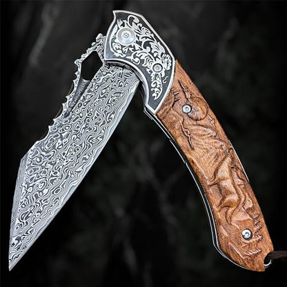 Damascus Folding Knife VG10 Steel Ironwood Handle Wave Pattern EDC Collector Knife