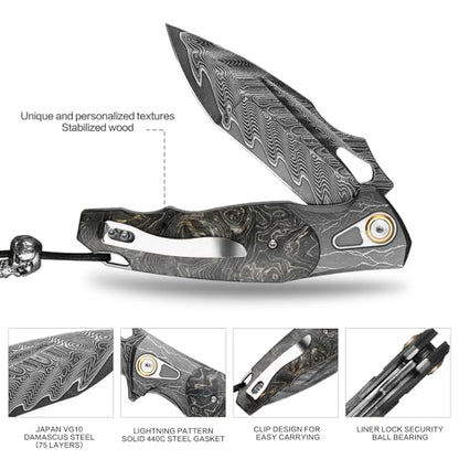 Obsidian Edge Damascus Steel Folding Knife - VG10 & Stabilized Wood
